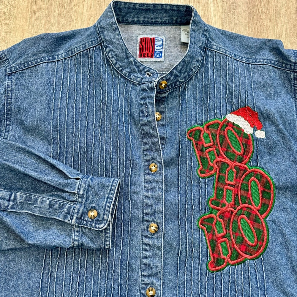 Holiday Denim Shirt XL Sunbelt Christmas Embroidered Ho Ho Ho VTG Festive Top